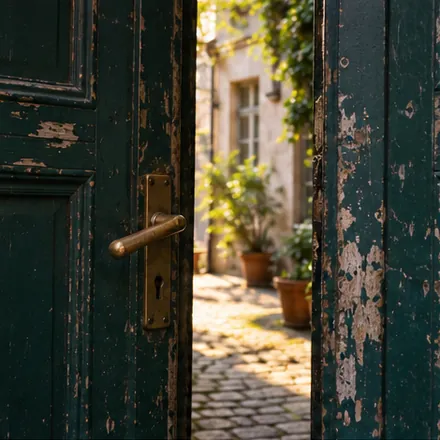 A weathered green door with a brass handle, half open onto cobbles