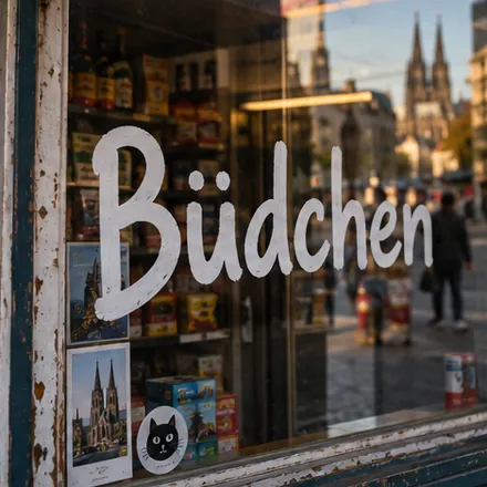 A kiosk window with Büdchen painted in white letters, the cathedral reflected in the glass