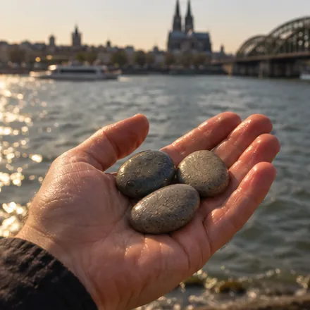 Three smooth grey stones in an open hand by the Rhine