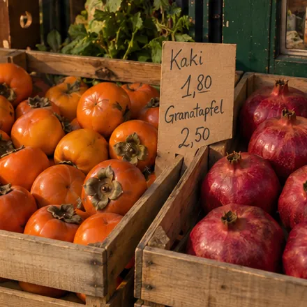 A crate of persimmons outside a grocery, a card reading Kaki 1,80